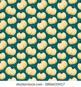 Seamless autumn pattern with cream pumpkins on dark teal background. Cartoon vector cozy seasonal background