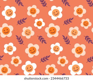 Seamless autumn pattern with a creepy smiley face. Festive Halloween wallpaper with a flower.