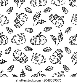 Seamless autumn pattern. Cup of tea or coffee, pine cone and leaves, pumpkin. Doodle black and white vector illustration. Wrapping or print for fabric, paper, cover