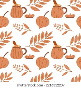 Seamless autumn pattern. Cup of tea or coffee with marshmallow and cinnamon, physalis and autumn leaves. Vector illustration. Wrapping or print for fabric, paper, cover.
