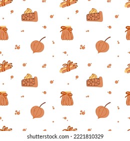 Seamless autumn pattern. Cure jar, cinnamon, pie, physalis. Vector illustration. Wrapping or print for fabric, paper, cover.