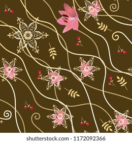 Seamless autumn pattern with curve lines, pink lily flowers, red buds, yellow leaves and stylized snowflakes on dark brown background in vector. Fashionable print for fabric.