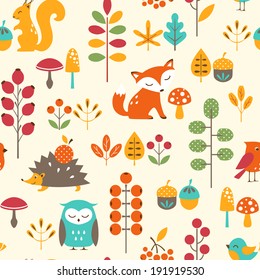  Seamless autumn pattern with cute animals