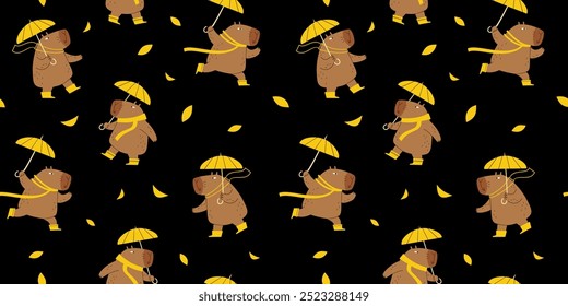 Seamless autumn pattern: cute capybaras with umbrellas on a black background. Vector children's illustration.