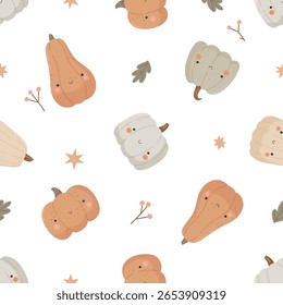 Seamless autumn pattern with cute cartoon pumpkins, leaves, stars, and berries. Warm pastel colors, fall harvest theme. Vector illustration for kids, fabric, wrapping paper, nursery design.