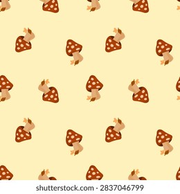 Seamless autumn pattern with cute cartoon mushrooms and dry leaves on soft yellow background
