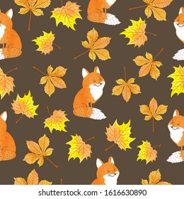 Seamless autumn pattern with cute foxes and leaves. Vector illustration.