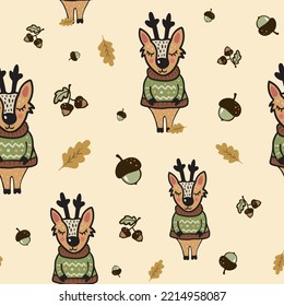 A seamless autumn pattern with a cute hand-drawn deer character, a fall background with a doodle deer wearing a sweater, oak leaves and acorns