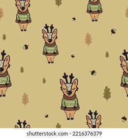 Ein nahtloses Herbstmuster mit süßem, handgezeichnetem Hirschcharakter, pastellgelber Herbsthintergrund mit Doodle-Reh mit Pullover, Eichenblättern und Eichenhorn