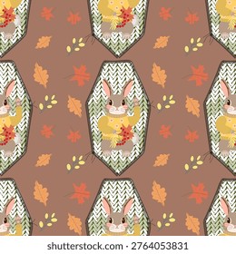 Seamless autumn pattern with cute rabbits in sweaters on hand-stitched knitted patches, surrounded by falling leaves in warm earthy tones, vector illustration.