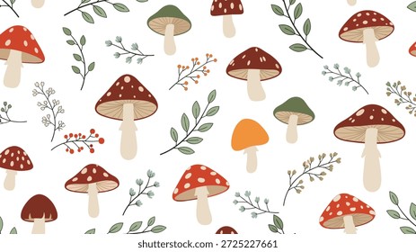 Padrão de outono sem costura com cogumelos de toadstool bonitos e delicados ramos botânicos em um fundo branco limpo.