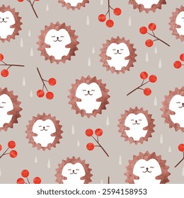 Seamless autumn pattern with cute watercolor hedgehogs and berries