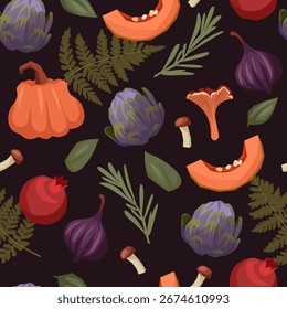 Padrão contínuo de outono. Fundo escuro. Ilustração vetorial