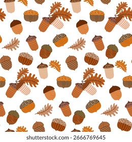 Patrón de otoño sin fisuras con bellotas decorativas y hojas de roble. Colores cálidos del otoño. Para el diseño estacional, textil, papel de embalaje y fondo.