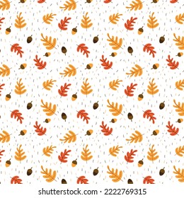 Seamless autumn pattern with decorative flowers, design for paper, cover, fabric, texture interior, gift wrap packaging. Orange, yellow, brown red fall forest rowan, birch, oak tree leaves and herbs