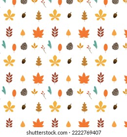 Seamless autumn pattern with decorative flowers, design for paper, cover, fabric, texture interior, gift wrap packaging. Orange, yellow, brown red fall forest rowan, birch, oak tree leaves and herbs