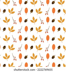 Seamless autumn pattern with decorative flowers, design for paper, cover, fabric, texture interior, gift wrap packaging. Orange, yellow, brown red fall forest rowan, birch, oak tree leaves and herbs