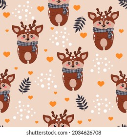 Seamless autumn pattern with deer, autumn leaves, hearts and dots. Cute deer in cartoon style. Vector. Ideal for children's clothing, wallpaper, wrapping paper, packaging, fabric