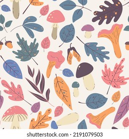 Seamless autumn pattern of different leaves and mushrooms on a white background in extraordinary palette. For textile, wrapper, background.