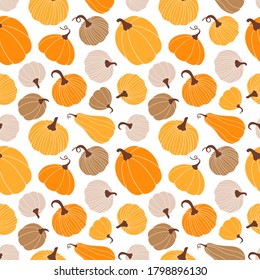 Seamless autumn pattern with different multicolored pumpkins on a white background.