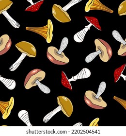 Seamless autumn pattern with different mushrooms. Hand drawn pattern in flat style. Wallpaper, textiles, wrapping paper, page filling, cover, web, packaging.