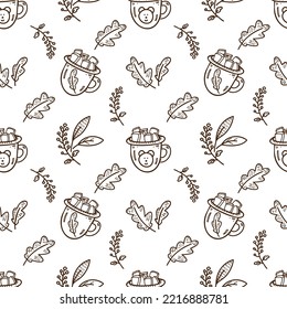 patrón de otoño ininterrumpido con hojas de roble de doodle, plantas y taza de café de malvavisco 