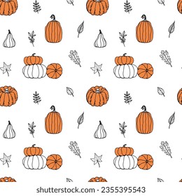 Seamless autumn pattern with doodle pumpkin leaves. Background with plants 