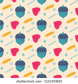 Seamless autumn pattern with dry leaves, acorns, raindrops and funky decorative elements. Usage for wallpapers, wrapping paper, greeting cards, textile, web page background and more.