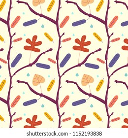 Seamless autumn pattern with dry leaves, branches and raindrops. Usage for wallpapers, wrapping paper, greeting cards, textile, web page background and more.