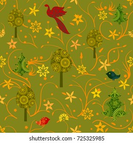 Seamless autumn pattern with fairy trees and birds. Endless texture for wallpaper, web page background, wrapping paper and etc.