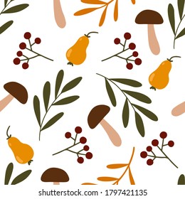 Seamless autumn pattern with fall essentials - leaves, berries, pears, apples and mushrooms. Cozy fall pattern for cards, posters, fabric, clothes design, scrapbooking, tote bags print, kids textile.