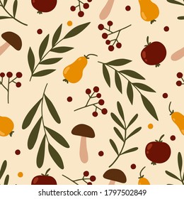 Seamless autumn pattern with fall essentials - leaves, berries, pears, apples and mushrooms. Cozy fall pattern for cards, posters, fabric, clothes design, scrapbooking, tote bags print, kids textile.