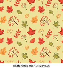 Seamless autumn pattern with fall leaves and berries. Warm hygge aesthetics. Thanksgiving day decoration. Cute colorful background. Flat cartoon hand-drawn style