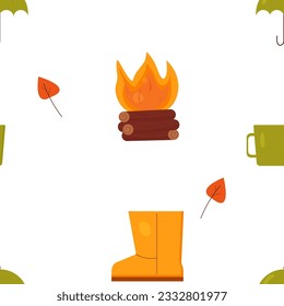 Patrón otoñal sin foco. Hojas caídas de otoño, hoguera, taza de té, botas de huevo, paraguas sobre un fondo claro. Fondo Eps 10 para impresión, tela, papel envolvente.
