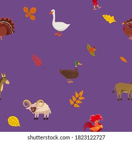 Seamless autumn pattern with farm animal ram, goose, duck. Vector background cartoon style