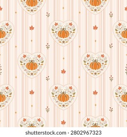 Seamless autumn pattern featuring charming heart-shaped pumpkin motifs decorated with fall leaves, flowers, berries, mushrooms, and soft vertical stripes in warm fall colors. Perfect for Thanksgiving, seasonal textiles, wrapping paper, wallpaper, nursery decor, and cozy autumn-themed surface design projects.
