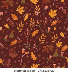 Patrón de otoño sin fisuras con hojas de otoño dibujadas a mano, ramas, bayas y Elementos florales sobre un fondo marrón oscuro. Perfecto para el diseño textil, tela, Fondo de pantalla, papel de embalaje, papelería, embalaje y fondos de temporada.