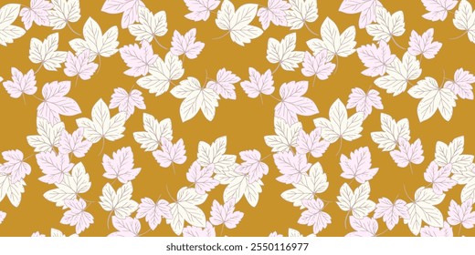 Seamless autumn pattern featuring light maple leaves on a warm mustard background. The soft, pastel leaves create a natural, elegant design perfect for fabric, wallpaper, and stationery