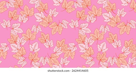 Seamless autumn pattern featuring  maple leaves on pink background. Colorful leaves create a natural, elegant design perfect for fabric, wallpaper, and stationery