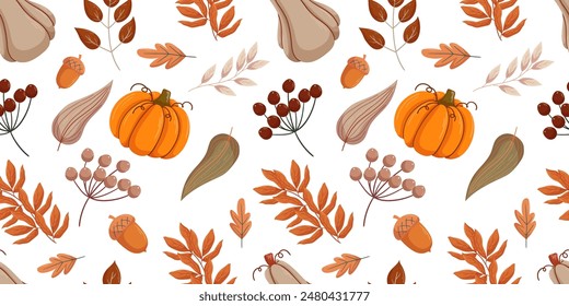 Seamless autumn pattern featuring pumpkins, acorns, various fall leaves, and berries. The rich orange, brown, and green hues of elements. Festive and cozy design ideal for seasonal decor and textiles