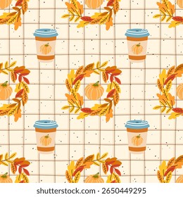 Seamless autumn pattern featuring pumpkins, cozy drinks, and falling leaves. Hand-drawn vector design ideal for seasonal textiles, childrens clothing, and warm fall wrapping paper.