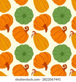 Seamless autumn pattern featuring a variety of hand-drawn pumpkins and squashes on a cream background.