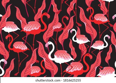 Seamless autumn pattern with flamingos and leaves on a dark background.