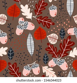 Seamless autumn pattern with fleaves,acorn. Creative floral ftextura for fabric, wrapping, textile, wallpaper, apparel. Vector illustration