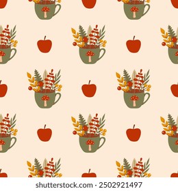 Seamless Autumn Pattern with Floral Arrangements in Cups and Apples.