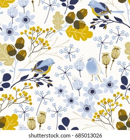 Seamless Autumn pattern with floral design elements and birds, vector illustration on beige background.