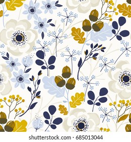 Seamless Autumn pattern with floral design elements and anemone, vector illustration on beige background.