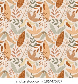 Nahtloses Herbstmuster mit Blumenelementen. Vektorgrafik. Eleganter pastellfarbener Hintergrund im Flachstil. Herbsttextur. Herbstelemente zum Erstellen nahtloser Bildschirmhintergründe.