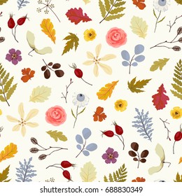 Seamless autumn pattern with flowers, branches and leaves. Vector floral illustration in rustic style.