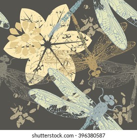 Seamless Autumn pattern with flowers and dragonfly's can be used for wallpaper,  web pages, textile, linen, tile and more creative designs.
